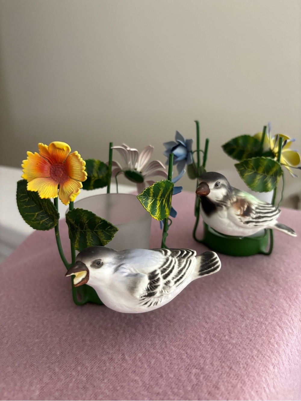 Decorative Ceramic Bird Tealight Holders with Yellow Flower Accent - White
